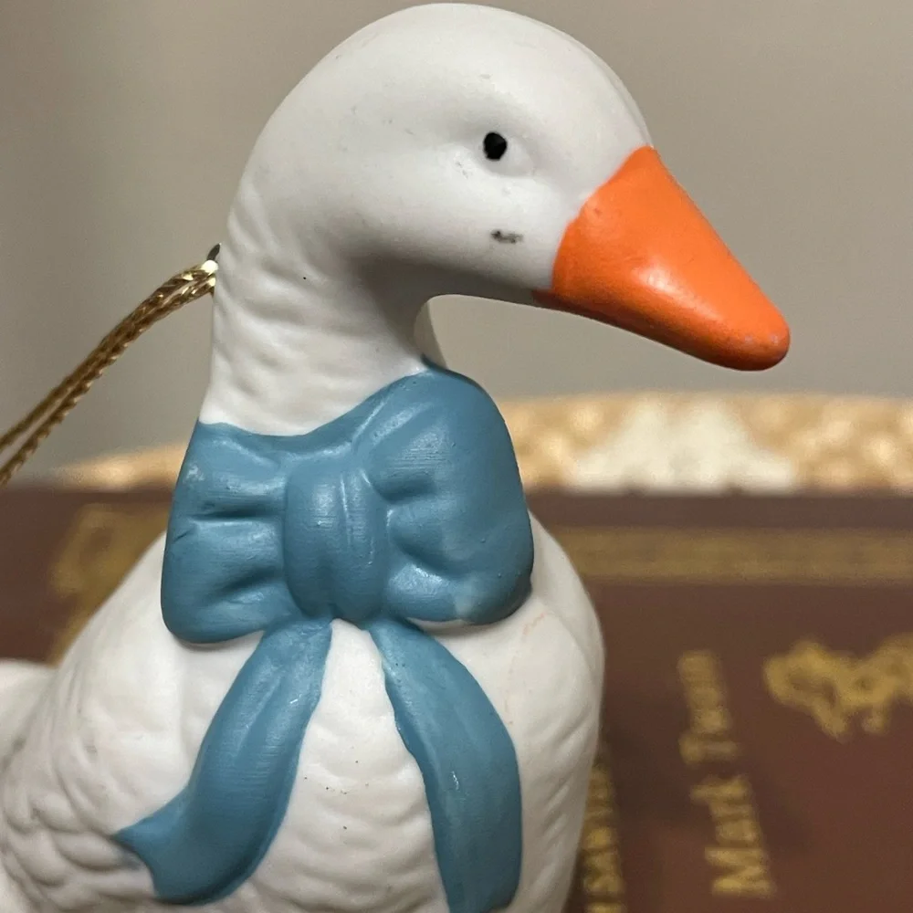 Vintage Blue Bow Geese Bisque Ornaments Set of Two